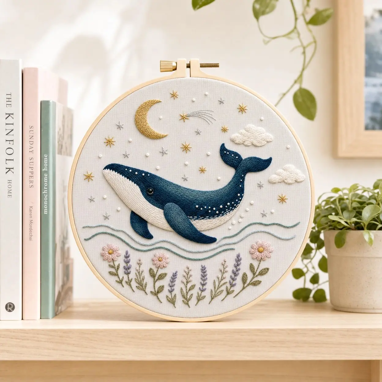 Beginner Cross Stitch Kit, Whale Pattern, Elegant Style, DIY Embroidery Set, Includes Cotton Fabric, Thread, Needle, Instruction Manual, 20cm Hoop
