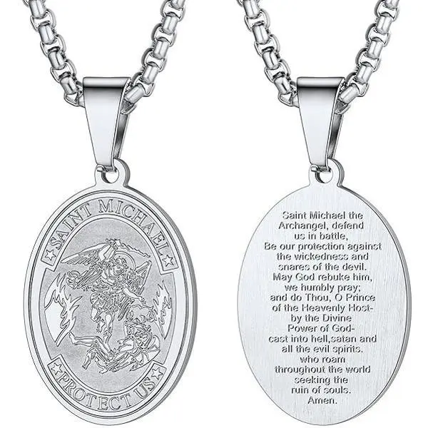 Saint Michael Archangel Stainless Steel Pendant Necklace - Unisex Protection Faith Medal, Unique Long Chain Religious Amulet, Daily Wear Fashion Jewelry Gift for Men