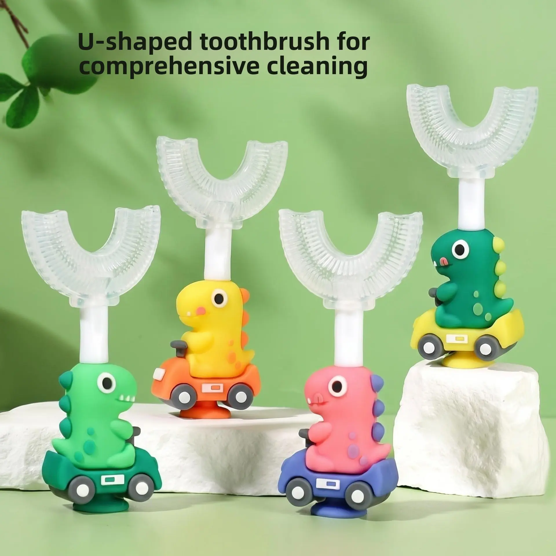 Kids U-Shaped Oral Toothbrush for Ages 3-10, Food-Grade Silicone 360° Full Mouth Brush, Soft Portable Wooden LED Toddler Training Brush for 45-Second Teeth Cleaning, Red