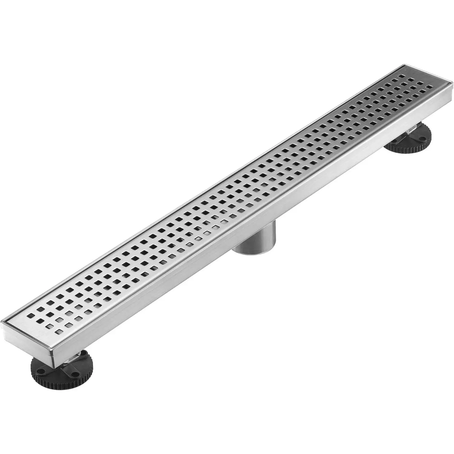 Linear Shower Floor Drain, Brushed Nickel 24 Inch 304 Stainless Steel Bathroom Drain Kit, Long Rectangular Shower Trench Drain with Square Pattern Drain Cover & Hair Catcher