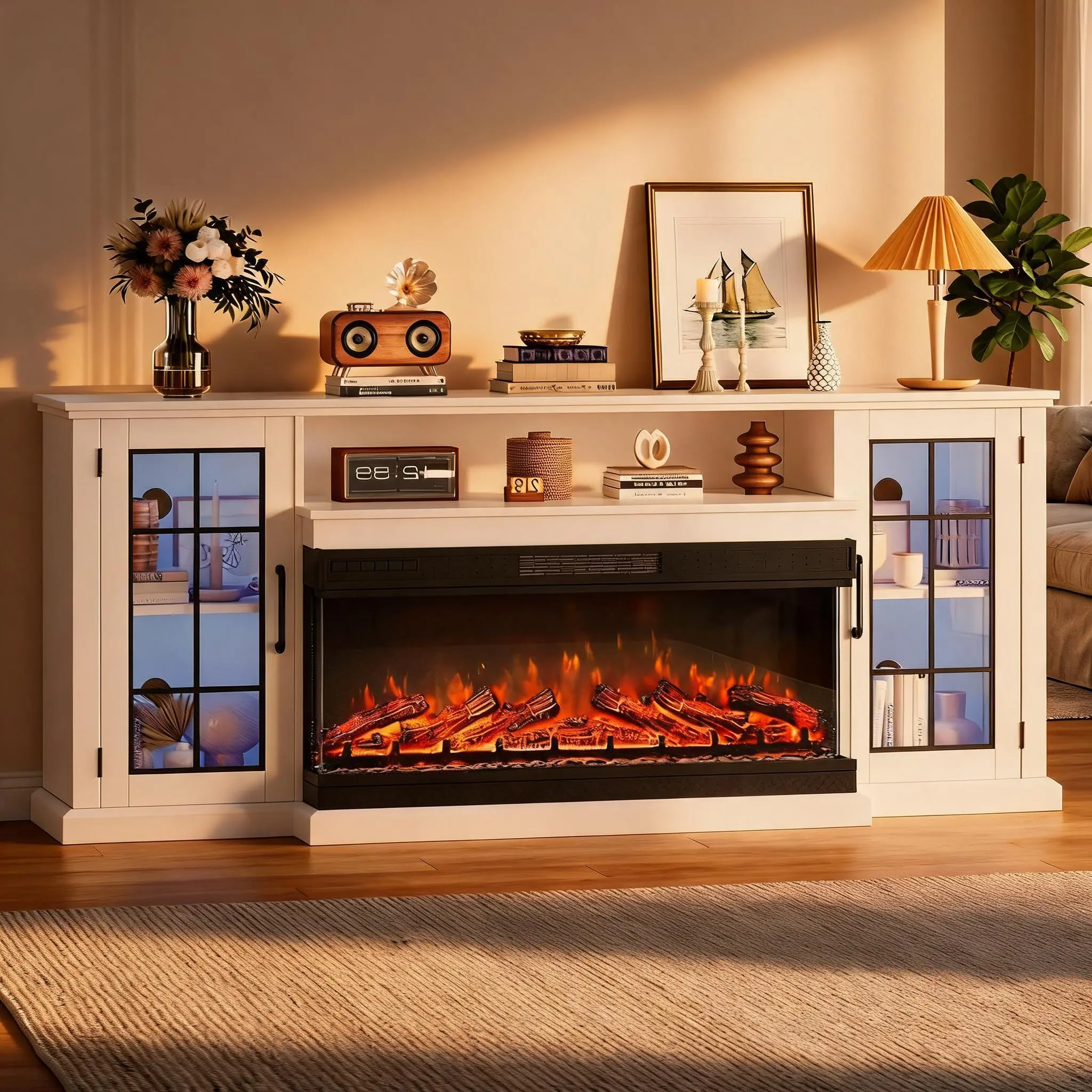 75" Rectangular Electric Fireplace TV Stand - Single Unit with 40" 3-Sided Panoramic Insert, 12 Flame Colors, Sturdy Base, White MDF Media Console for TVs up to 80 Inches, 120V