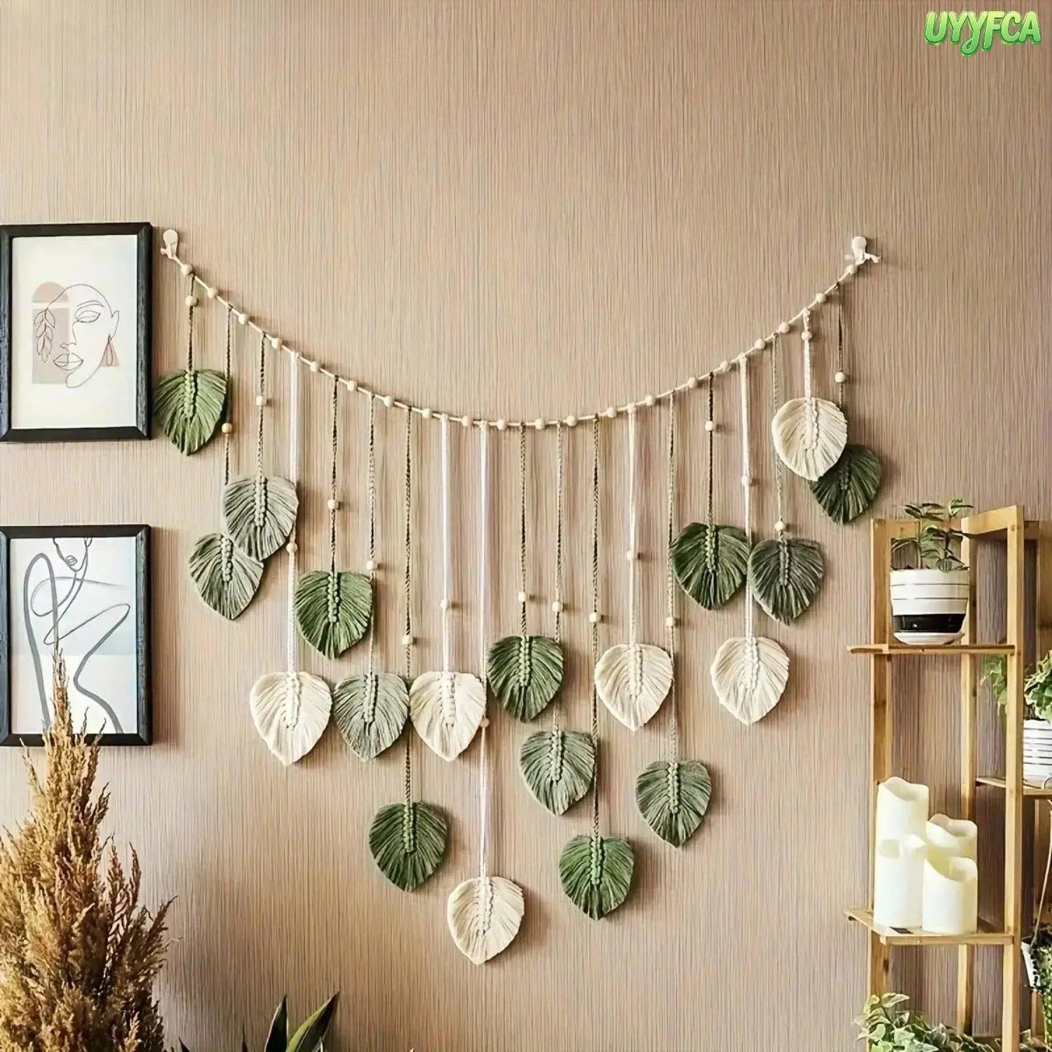 Handmade Two Tone Leaf Macrame Wall Hanging with Wood Bead Accents, Curved Horizontal Woven Tapestry with Tassel Leaf Pendants, Boho Sage Green Cotton Fiber Art, Rustic Apartment Friendly Wall Decor for Living Room Bedroom Wedding Backdrop,Summerwins tikt