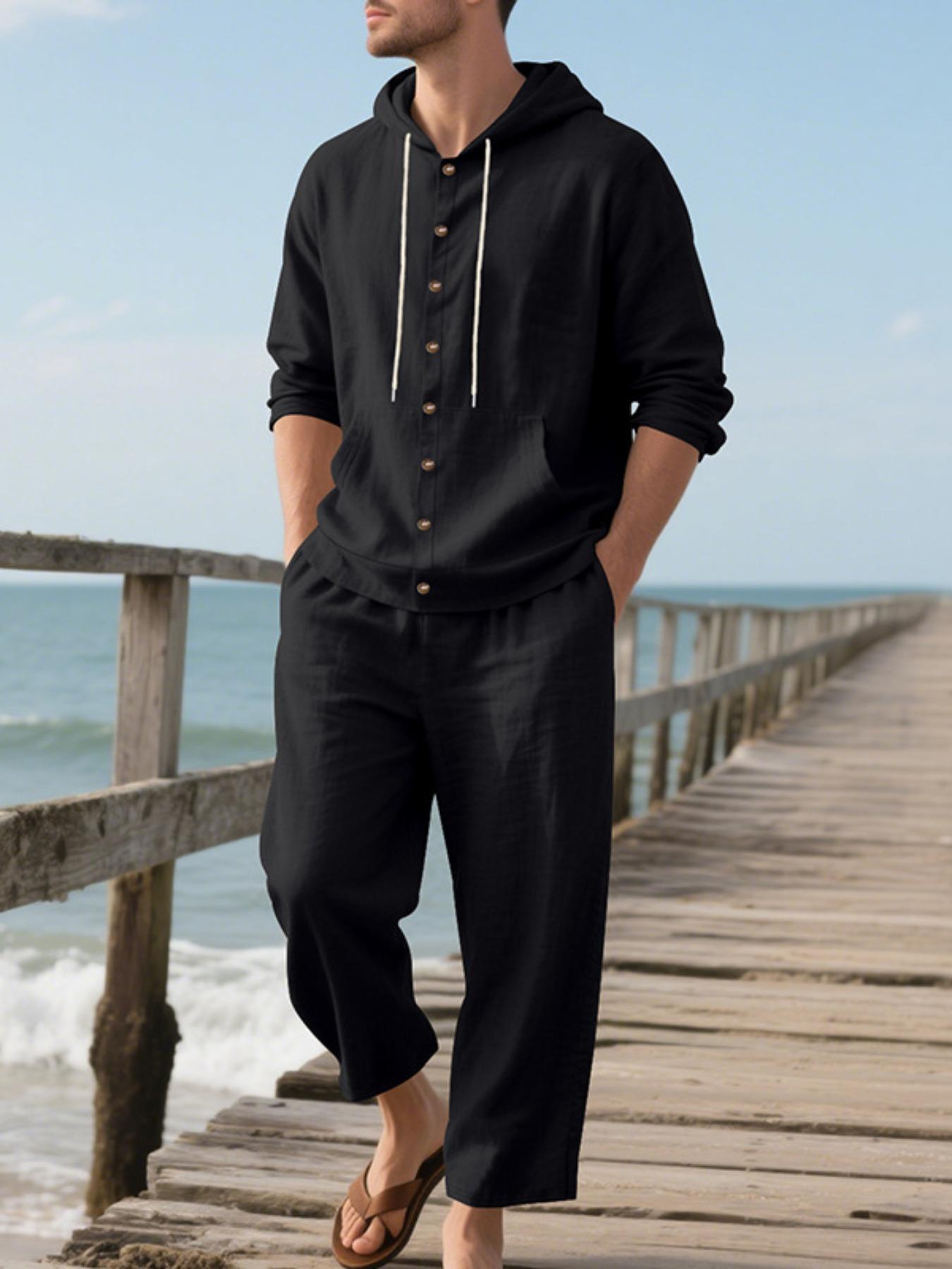 Men's Solid Button Design Long Sleeve Hooded Top & Pants Two-Piece Set, Loose Casual Comfy Breathable Two-piece Outfits for Spring & Fall, Men's Clothes for Daily Wear