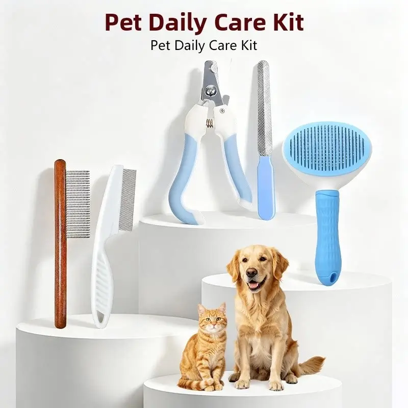 5-Piece Pet Grooming Set, Essential Cat & Dog Care Tools, Nail Clipper, Comb, Flea Brush, Fur Remover, Must-Have Pet Supplies