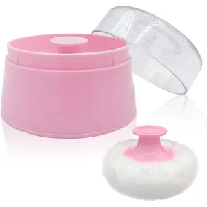 BPA Free Baby Powder Puff Box, Large 2.8" Fluffy Body After-Bath Powder Case, Baby Care Face/Body Villus Powder Puff Container, Makeup Cosmetic Talcum Powder Container with Hand Holder (Pink)