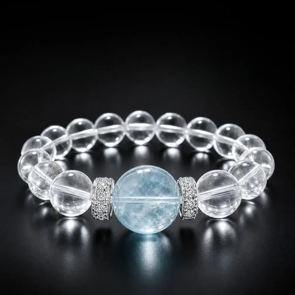 Women Natural Clear Quartz Aquamarine Stretch Beaded Bracelet, 10mm High Clarity Ice Crystal Wristband with Sparkling Zircon Spacers, Minimalist Moonlight Transparent Stone Bracelet, Elegant Calming Daily Office Wedding Jewelry Gift for Her