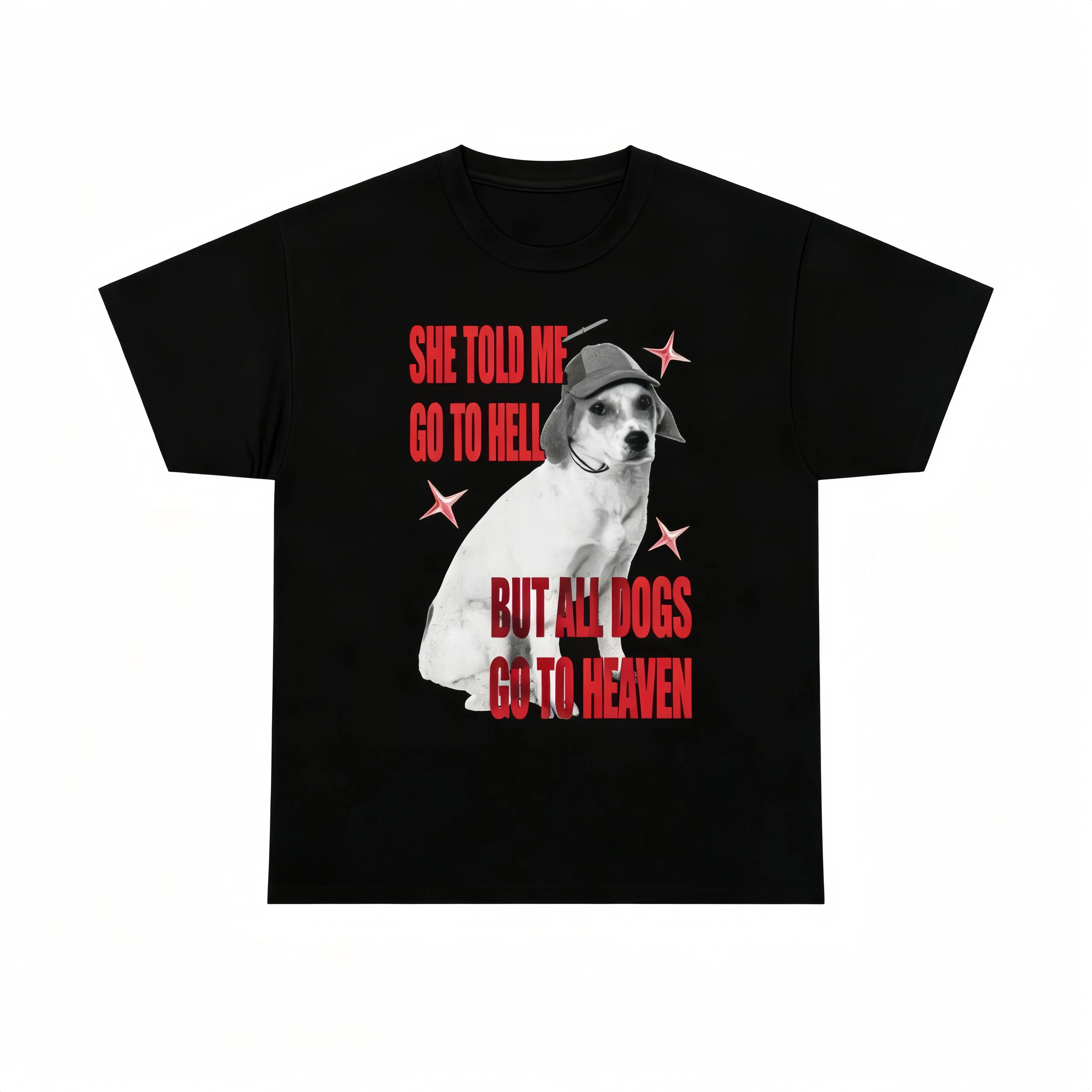 Men's Ultra-Soft Oversized Lightweight Twill Short-Sleeve Sports Tshirt - Gym Casual All-Seasons Top with "She Told Me Go to Hell But All Dogs Go to Heaven" Print, True Size Uniform Vibe Graphic Streetwear Day Wear Outfit-Matching Menswear