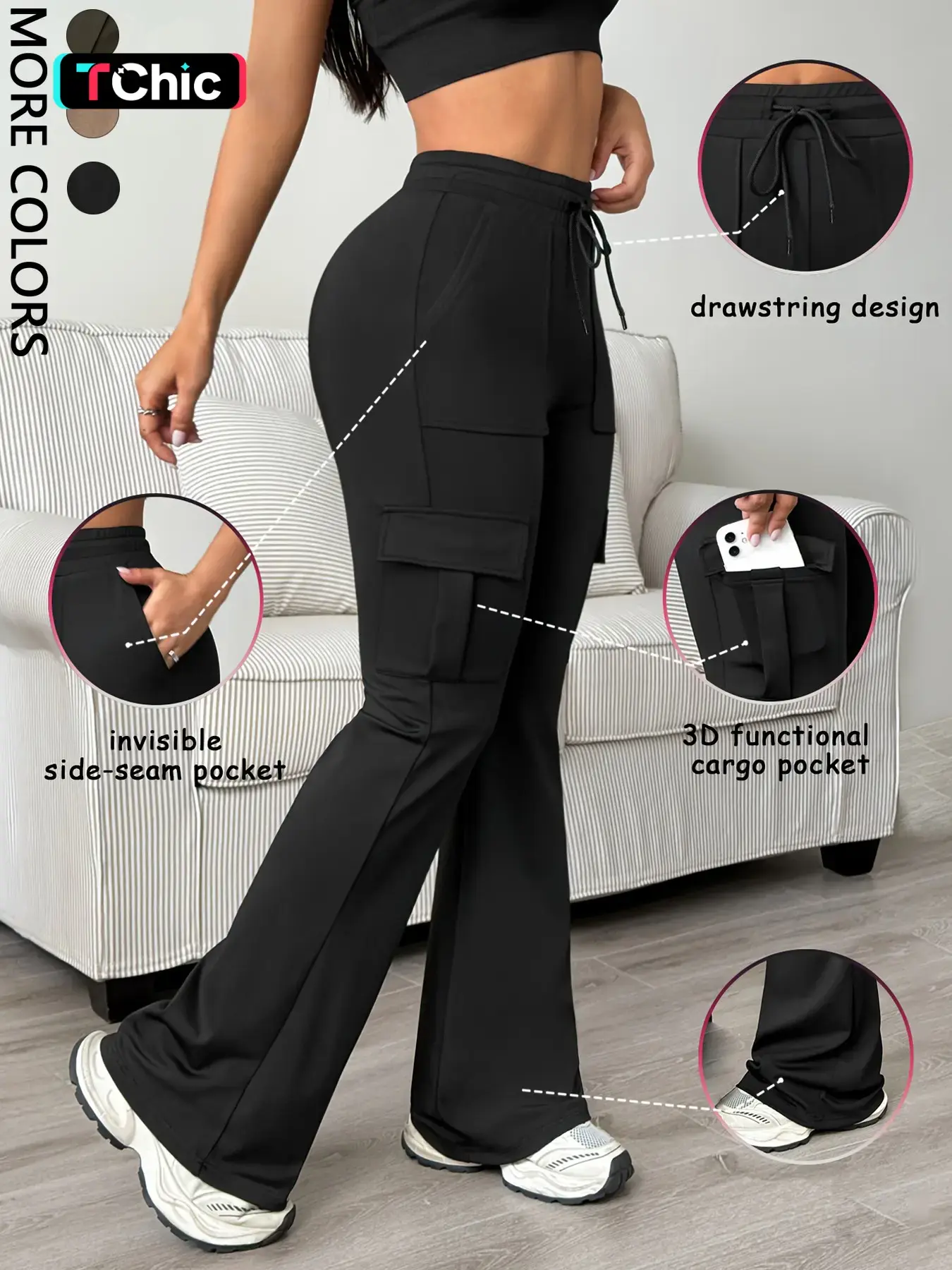Women's Casual Bell Bottom Work Pants, Black Trousers, Long Trousers for Commuting, Adjustable Drawstring, Fitted Plain Design, Basic, All Seasons Essential, Comfortable and Stylish