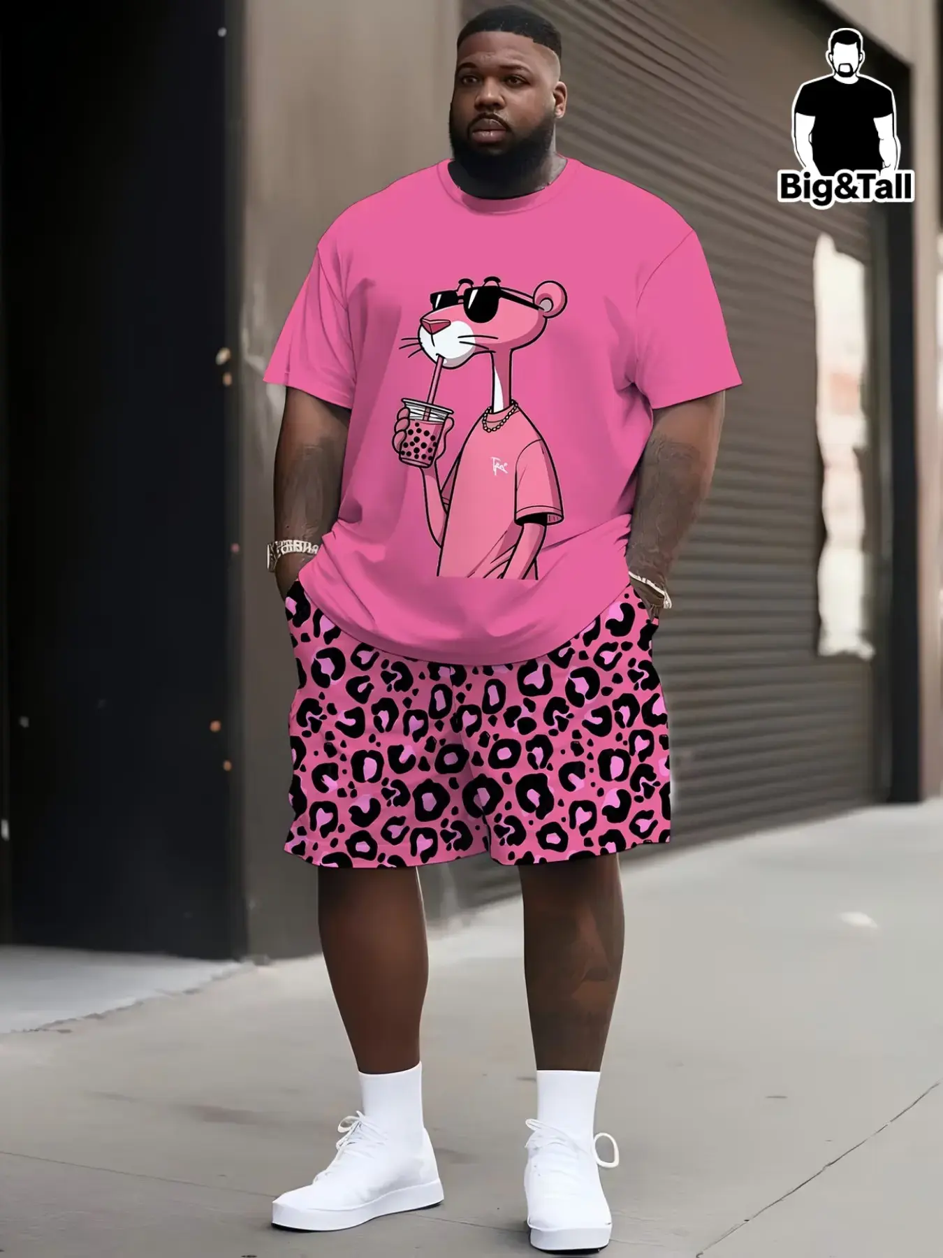Men's Plus Size Casual Cartoon Pink Panther Print Matching Set, Short Sleeve Round Neck Tee & Leopard Print Shorts, Loose Fit, Comfortable Daily Wear, Menswear