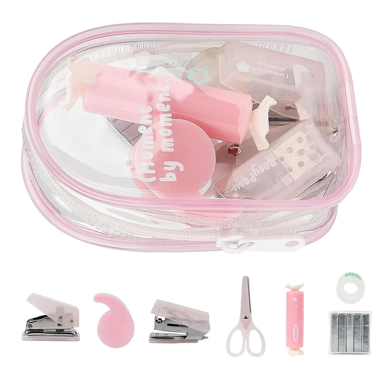 7Pack Mini Office  Kit Mini School Supplies Kit with Cute Case  Hole Punch Highlighter Stapler with  and Staple Remover for Students ()