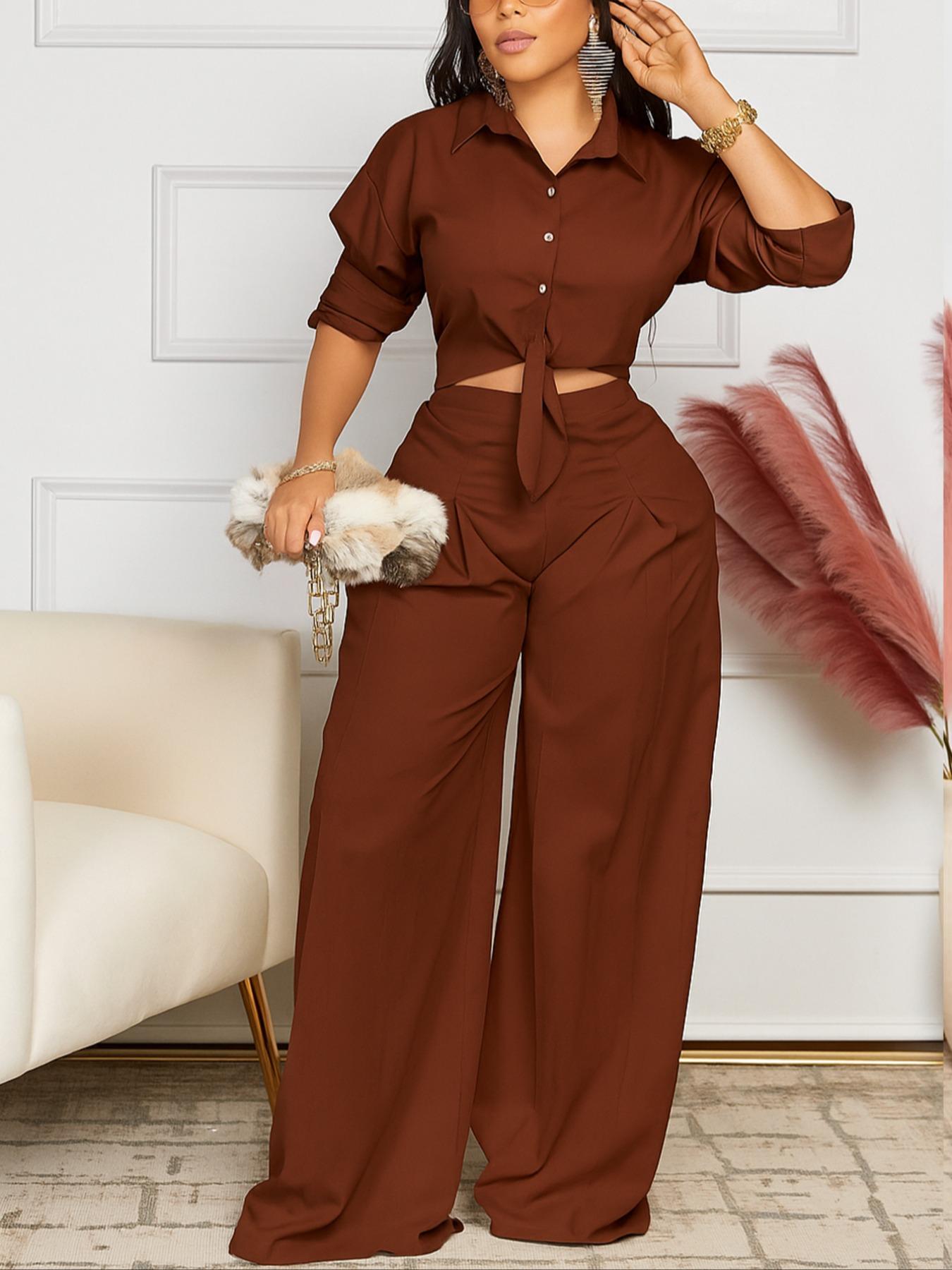 Two-Piece Set Women's Solid Color Fitted Top & Wide Leg Pants, Casual Fashion Cozy Top & Trousers for Daily Outdoor Wear, Women's Clothing for Spring & Fall