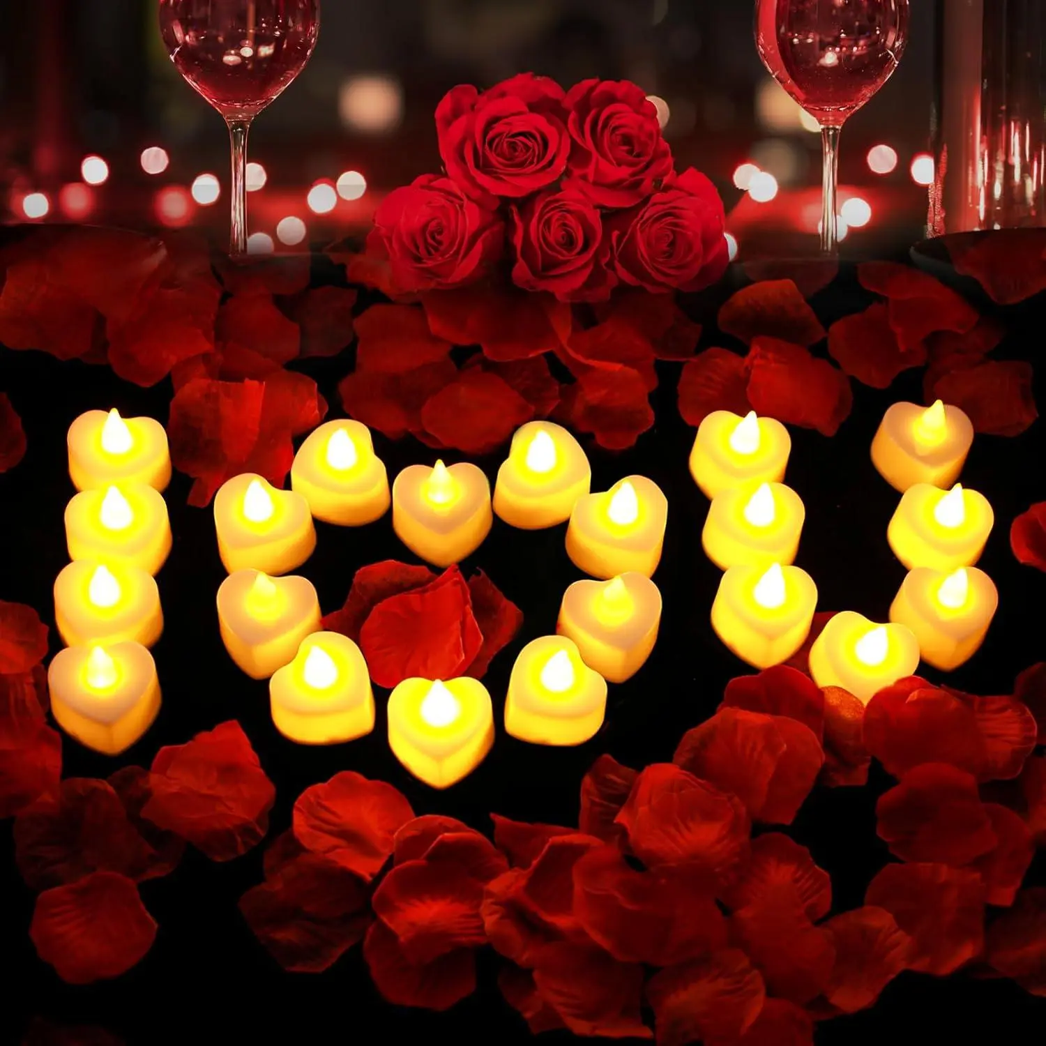 Romantic Night Festive Decor Set, 2000 Silk Rose Petals, 24 Heart-Shaped LED Candles, Heart Shape Light for Valentine's Day Wedding Anniversary Table Decor, Atmosphere Night Light