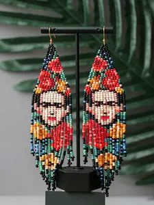 Handmade Bohemian Long Fringe Rice Bead Earrings, Color Dangle Earrings with Tassel, Cultural Accessory for Mother's Day, Easter, Teenagers