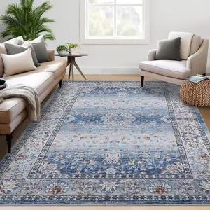 Garvee Washable Rugs 8x10 Area Rug for Bedroom Boho Vintage Living Room Rug Indoor Floral Distressed Large Rug Soft Non Shedding Stain Resistant Carpet for Nursery Dining Room 8'x10' Blue