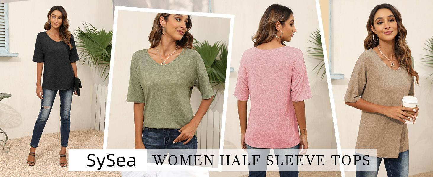 Imily Bela US Women Fashion V-Neck Half Sleeves Oversized T Shirt Solid Casual Loose Basic Tops