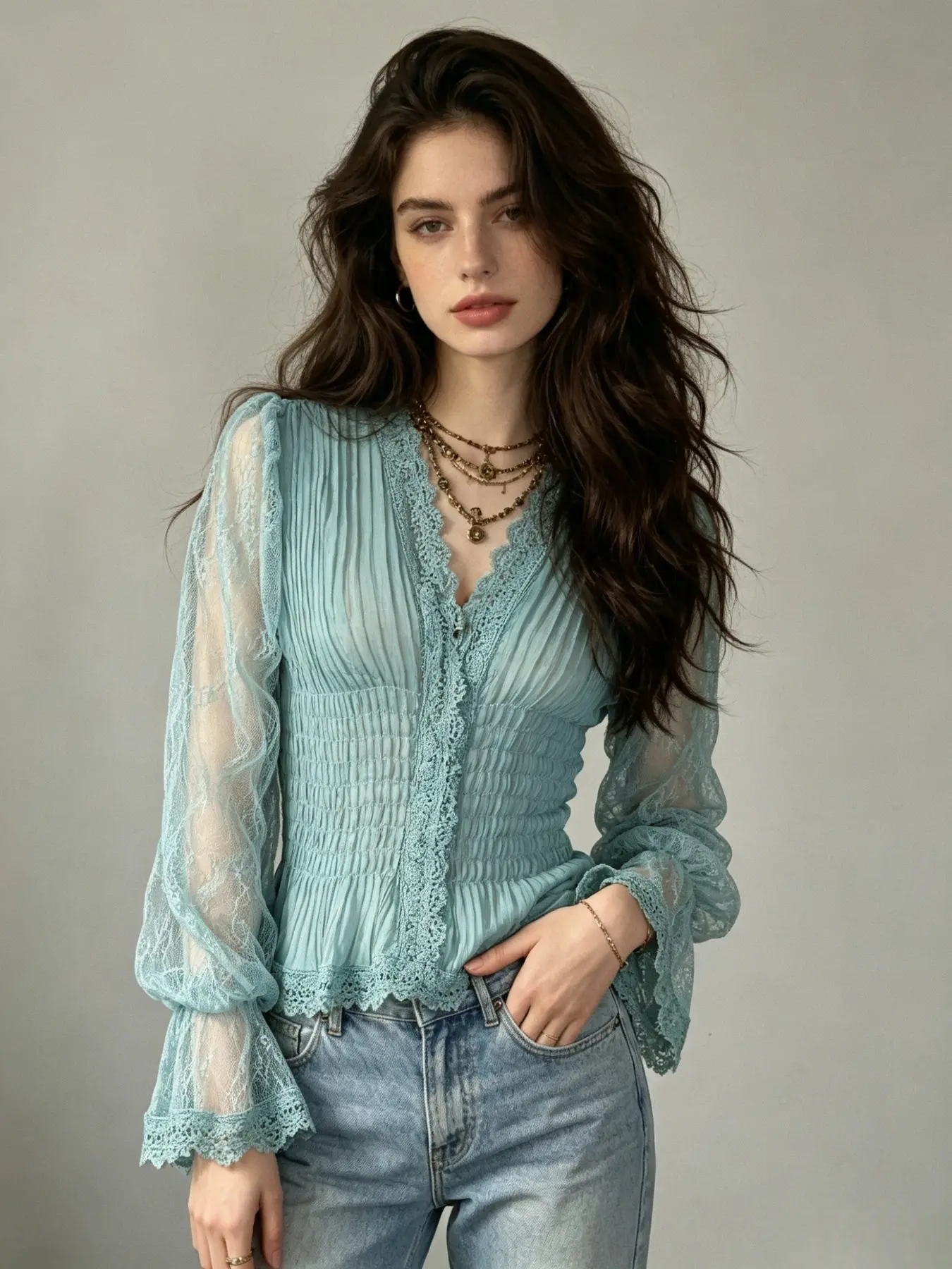 Women's Boho Style Ruched Long Sleeve Shirt Blouse, Deep V Neck Patchwork Lace Design, Soft Comfortable Fabric, XS-2xl Sizes