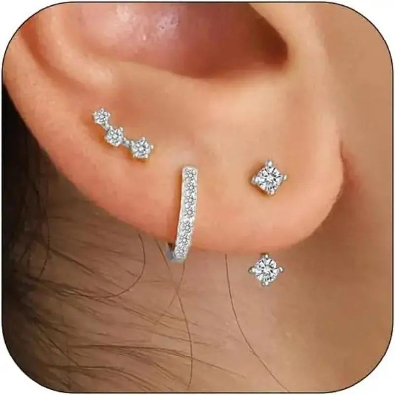 925 Silver Earring Set for Daily Wear, 3 Pairs of Casual Stackable Pave Hoop Earrings and Square Cluster Studs, Cubic Zirconia, Stud Earrings, Adults