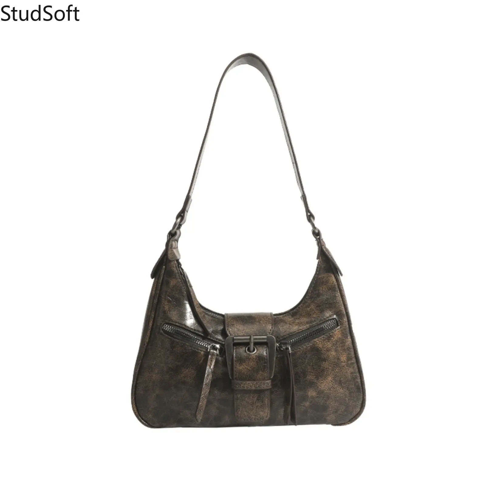 Y2K Brown Hobo Bag for Women, Vintage Distressed Leather Shoulder Purse with Belt Buckle, Trendy Large Capacity Maillard Aesthetic Crossbody Bag Cool Girl Gift,back to school,back to school haul