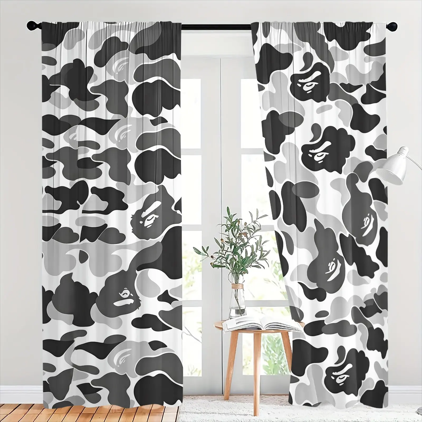 Black White Camo Ape Head Semi-Sheer Light Filtering Curtains, Privacy Protection Soft Diffused Light Brushed Flannel Drapes, Camouflage Monkey Print Non-Blackout Rod Pocket Panels, Window Decor for Living Room, Teens Bedroom, Gaming Room