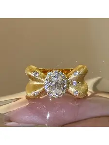 Popular brushed pigeon egg ring, new antique gold bow micro-inlaid ring / fashionable and versatile / open ring with adjustable size