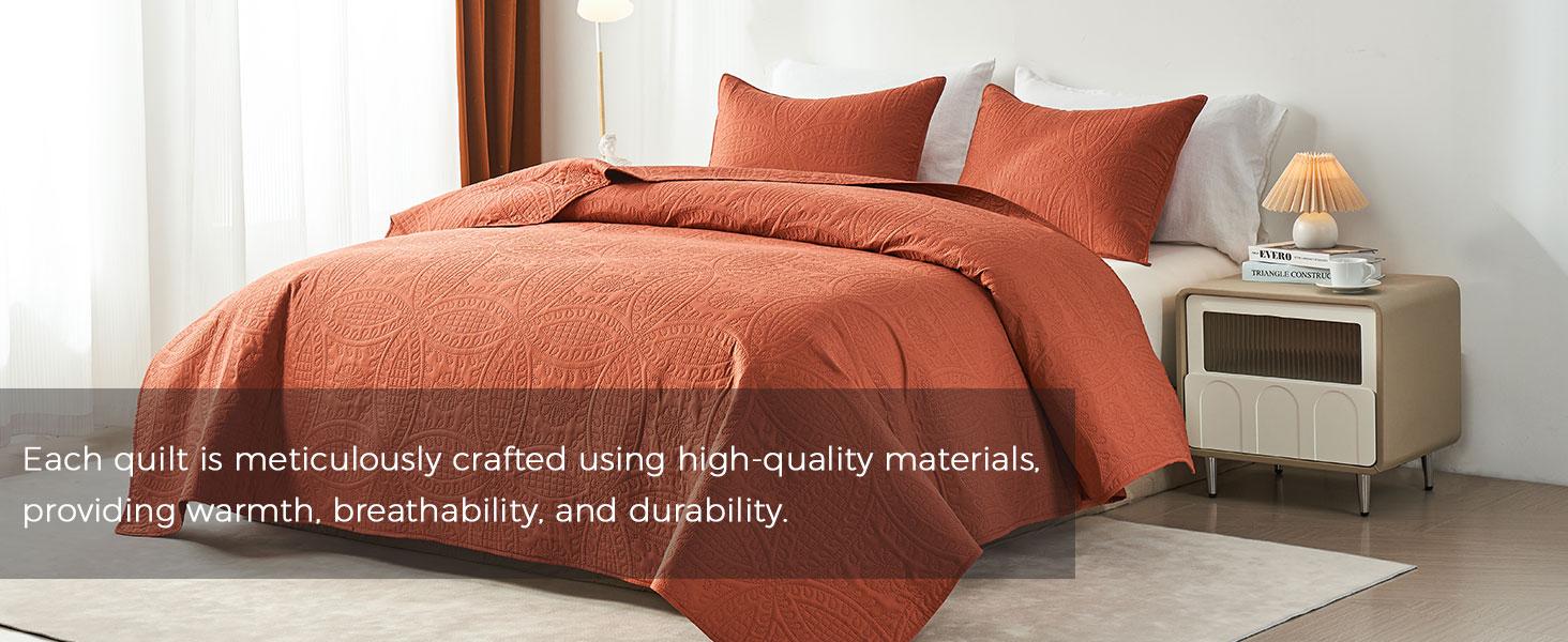 Queen Bedding Set,Burnt Orange Ultrasonic Full/Queen Set,Lightweight Soft Bedspread Coverlet,Style Coin Pattern Bed Cover for All,3 Piece(1,2 Pillow Shams)