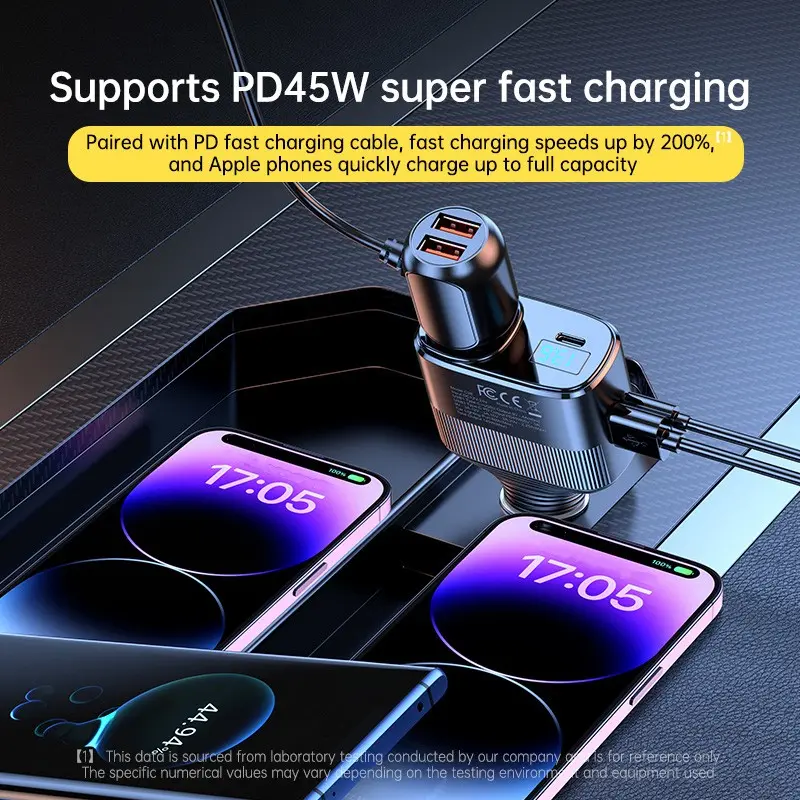 145W Multi-Function Car Cigarette Lighter Splitter with 2 Sockets & PD45W Fast Charging, 6-in-1 Car Charger Adapter with Voltage Display for iPhone/Android, 12-24V Universal Car Power Accessory, Car Electronic Accessory
