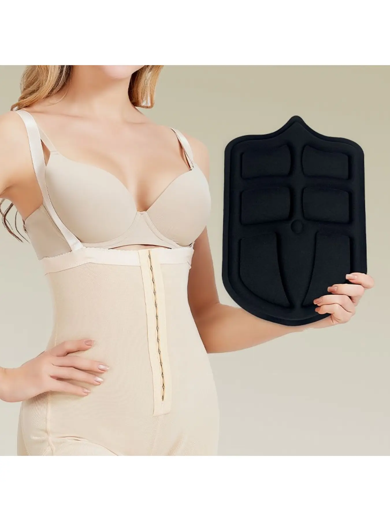 A shield-shaped cross-partitioned waist and abdominal compression shaping pad with a waist and abdominal ring suction, lumbar support plate, and back and abdominal pressure plate, Shapewear