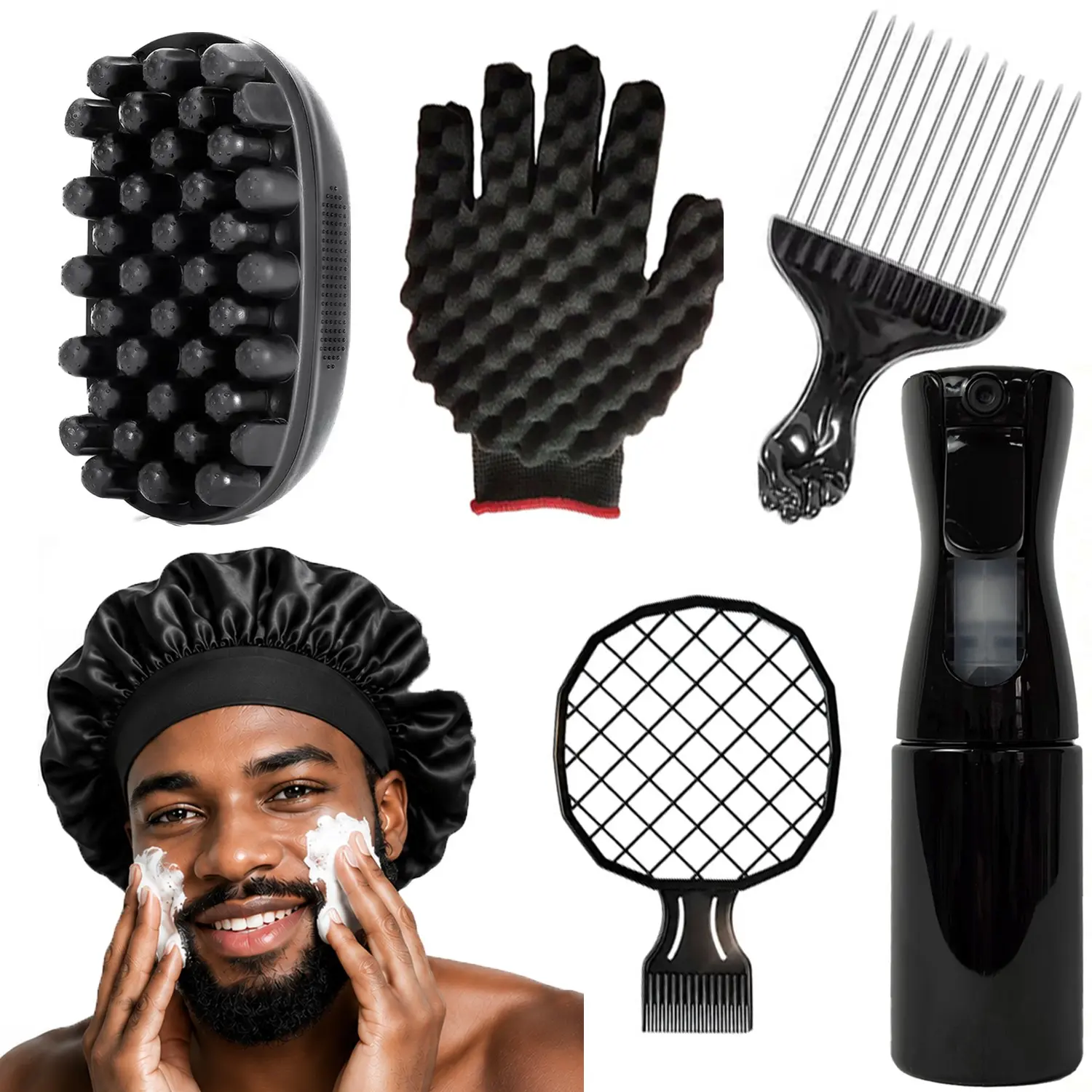 Men's Twist Curl Heatless Styling 6-Piece Kit, Curl Styling Kit: Includes twist sponge, wave brush, detangling comb, and spray bottle, designed for defining curls, enhancing wave patterns, and styling natural textured hair for a clean, well-groomed look