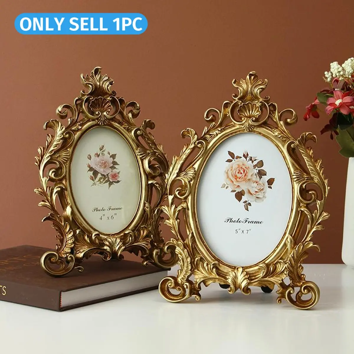 Vintage Oval Resin Photo Frame Decorative Stand, European Style Home Decoration Home Decor Accessory for Living Room Bedroom Display Photos Gold Plated Frame Golden Frame Oval Picture Frame