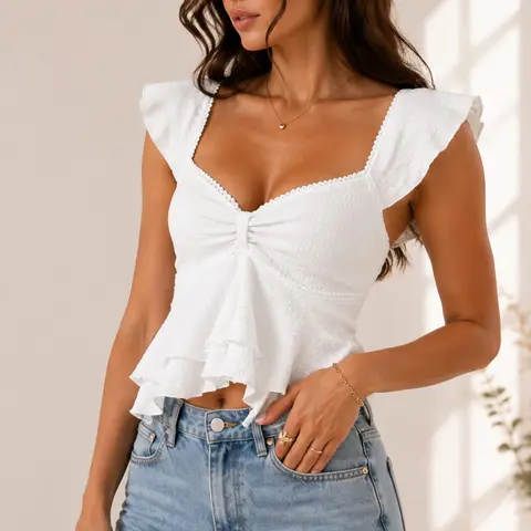 Women's White Sweetheart Neckline Crop Top, Backless Ruffle Cap Sleeve Top with Twist Knot Front, Textured Knit Summer Top for Women, Casual Top