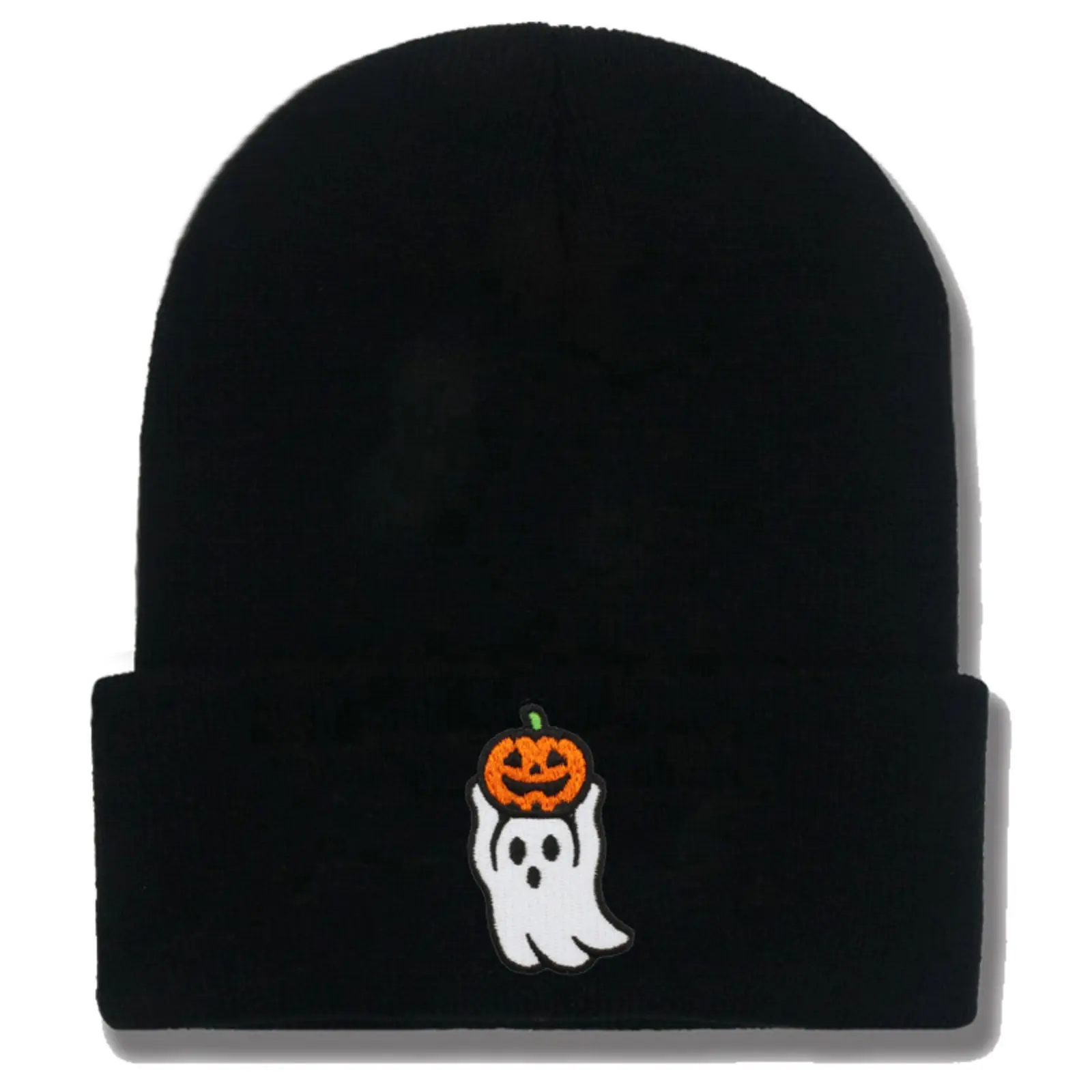 Black Knit Halloween Ghost Beanie Hat, Vintage Embroidered Pumpkin Cuffed Skull Cap, Soft Warm Winter Toboggan for Costume Party & Daily Casual Wear