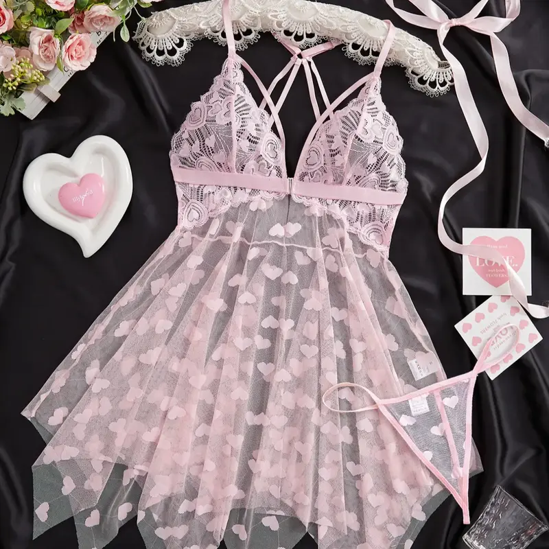 Women's Heart Print Lace Trim Cami Nightdress & Thong Sexy Sleepwear, Romantic Ruffle Trim Nighty Dress & Panty Set, Ladies Sleepwear for All Seasons, Loungewear, Sleepwear Nightgown