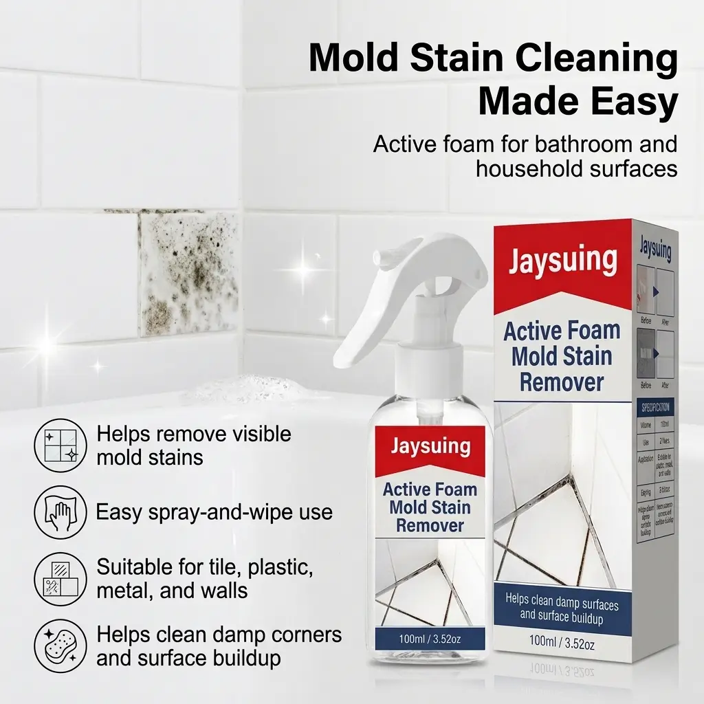 Active Foam Mold Stain Cleaner Spray, Multi-Purpose Mildew Stain Remover for Wall, Ceramic Tile, Grout, Refrigerator Door Seal, Shower, Sink Area, Bathroom, Kitchen, Black Stains, Dirt, Grime and Daily Household Surface Cleaning Use
