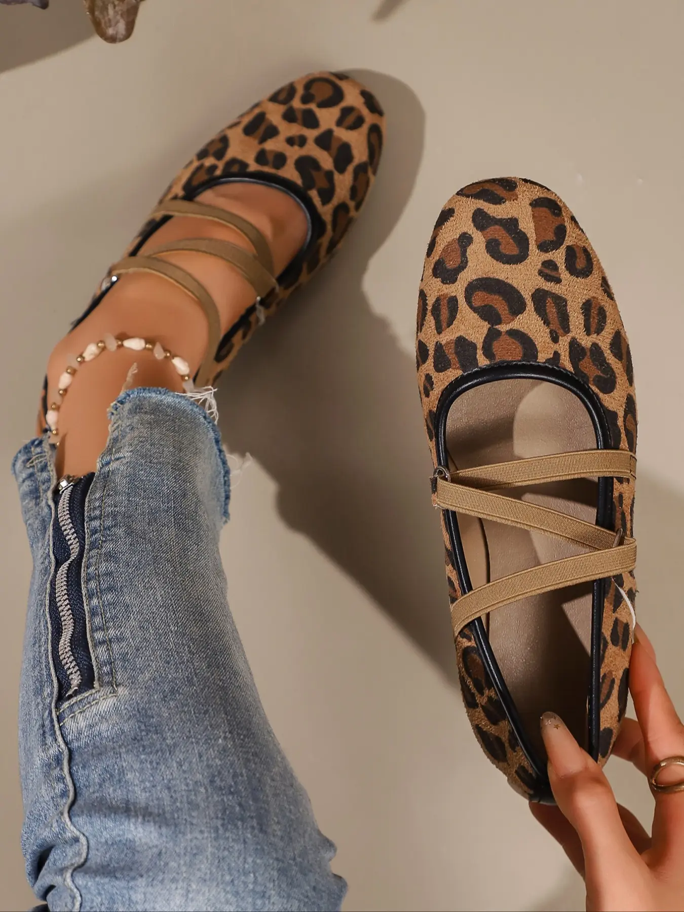 Women's Square Toe Crisscross Elastic Strap Ballet Flats, Leopard Print & Solid Fabric Mary Jane Shoes, Slip On Flat Casual Footwear Matching Jeans, Skirts And Dresses For All Season Daily Wear