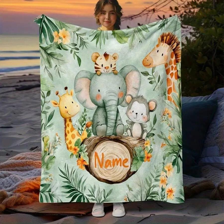 Customized Cartoon Printed Flannel Throw Blanket - Personalized Name, Wrinkle-Resistant, Breathable Soft, Durable, Fading-Resistant, Lightweight Warmth, Cozy, Jungle Elephant Tiger Giraffe Monkey Design, Blankets for Bed, Children's Room Decor