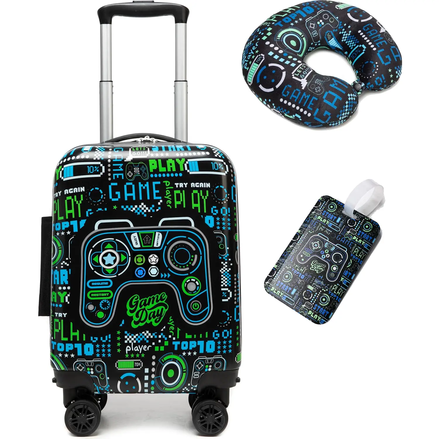 3 Piece Kids Hardside Spinner Luggage Set | Cool Gamer Gamepad Carry On Suitcase with Travel Neck Pillow & Matching Luggage Tag for Boys | Vacation Gear 2026