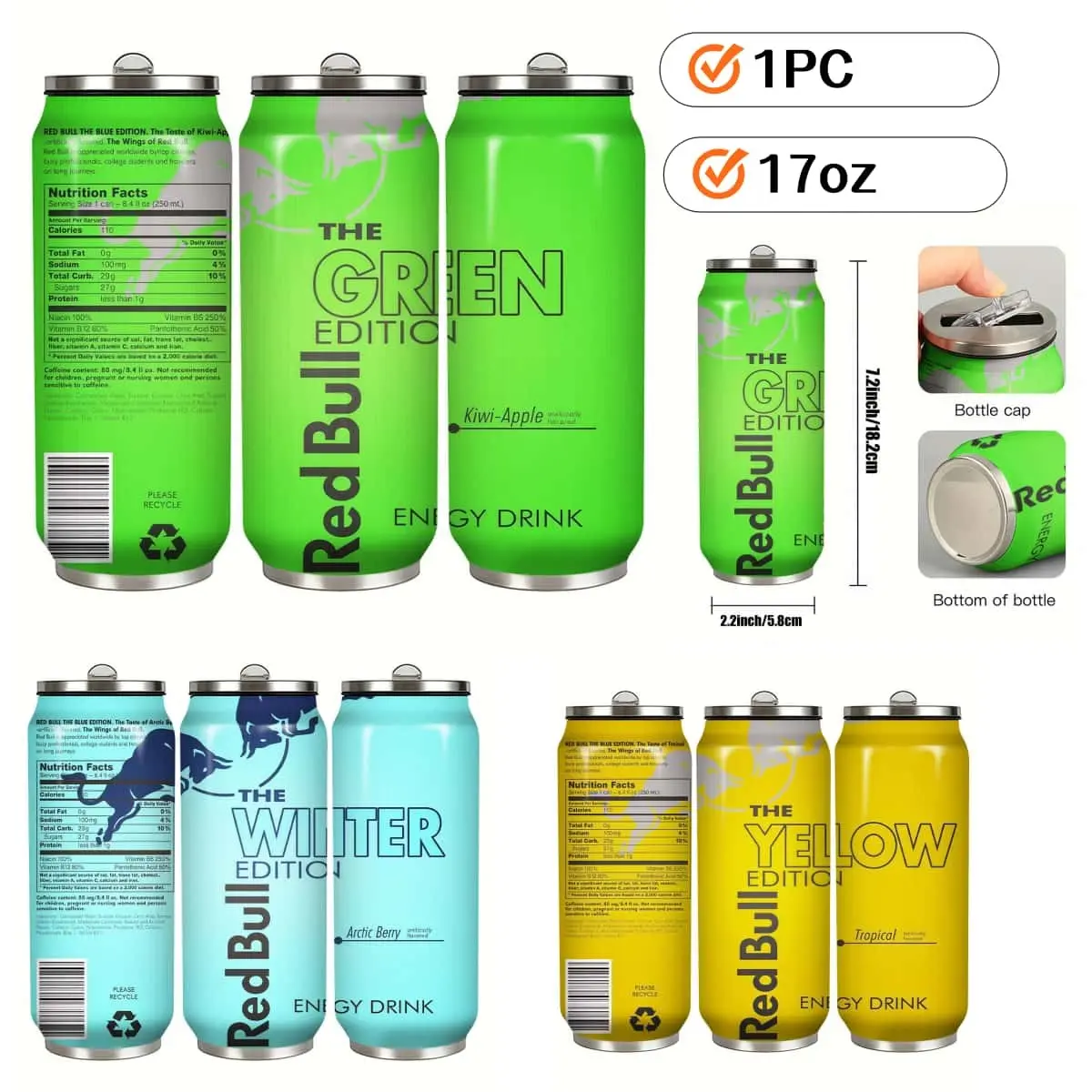 1PC Red Bull Theme Insulated Cup, Stainless Steel Energy Drink Bottle, Ideal for Coffee, Juice, Hot & Cold Beverages, Outdoor Activities