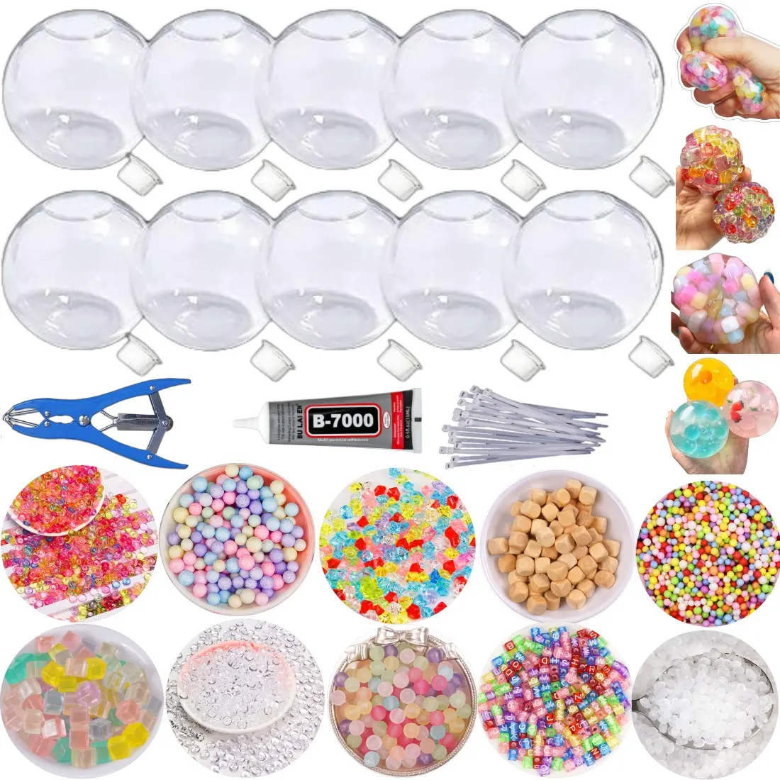 DIY Stress Ball Making Kit, Includes 10 Filler Packs, 10 Transparent Blank Spheres, 15ML Glue, Expansion Tool, Ideal for Adults and Beginners