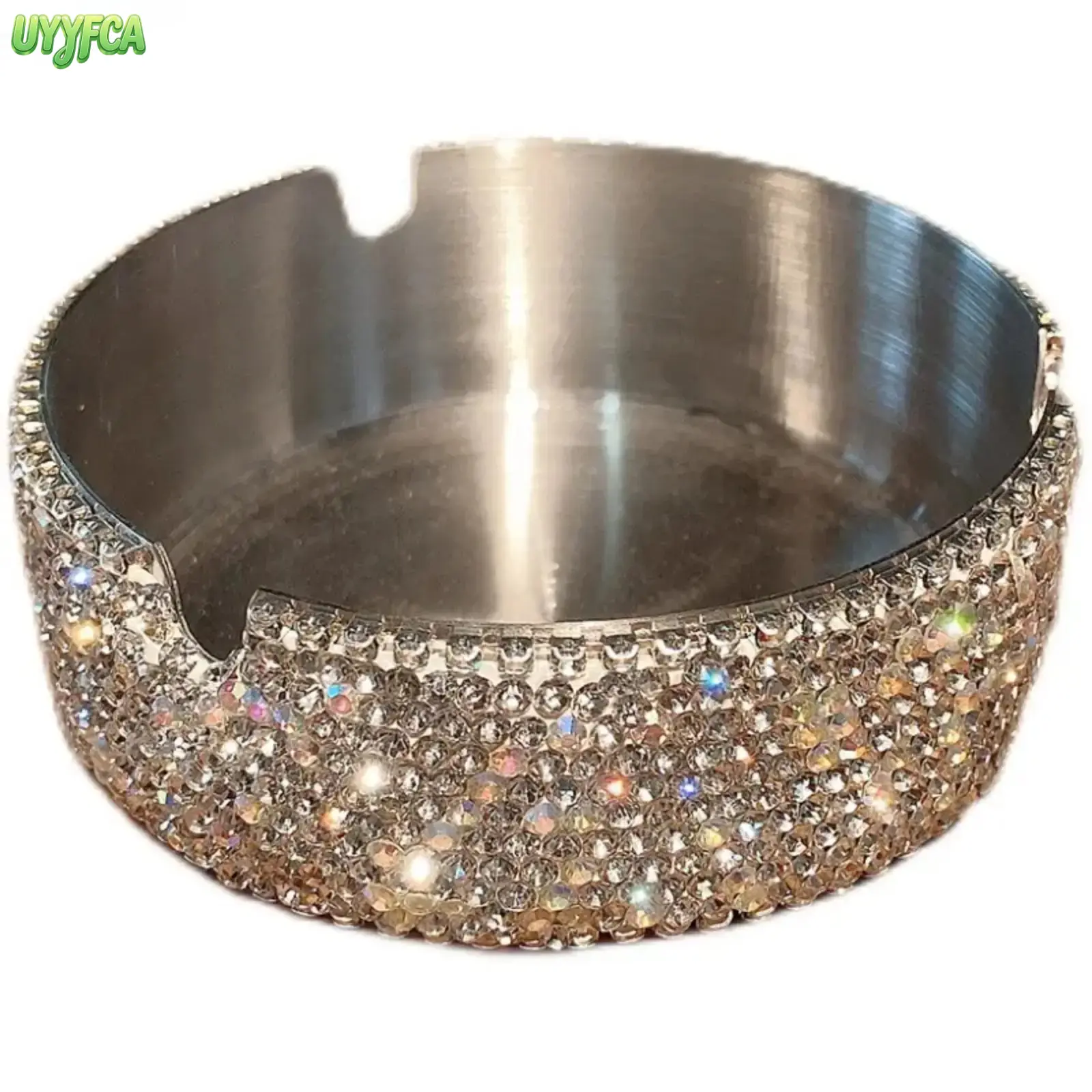 Diamond-Encrusted Ashtray, Round Stainless Steel Tabletop Decor with 3 Cigarette Slots, Rust-Resistant & Compact Light Luxury Accessory for Home Office, Diamond-Encrusted Stainless Steel Ashtray, Metal