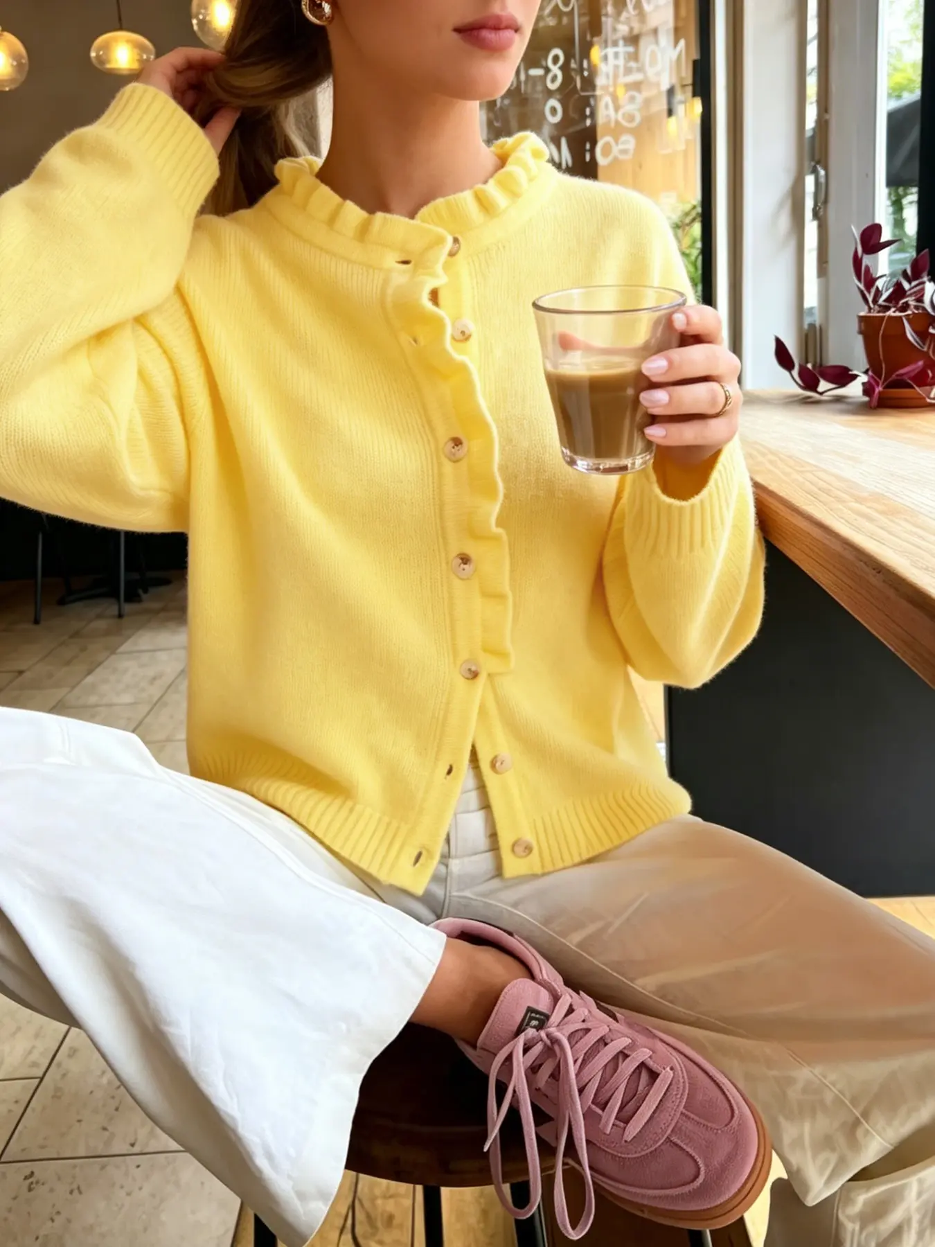 Women's Coquette Style Ruffle Edge Long Sleeve Sweater Cardigan, Tops, Knitwear, Sweet Yellow Solid Color, Elegant Button Front Design, Daily Wear, Casual