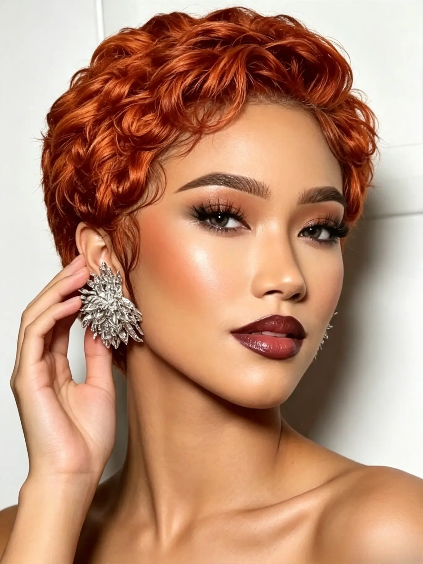 Fashion Mommy Wig Short Curly Pixie Cut, 350 Orange 99J Chocolate Brown Deep Finger Wave, 13x4 HD Lace Front 100% Human Hair Glueless Wig for Black Women Daily Styling