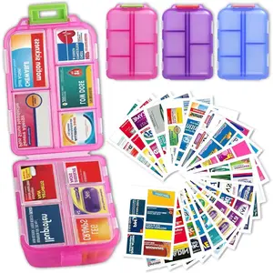 Travel Pill Organizer Box with 300 Labels, 10 Compartment Small Pill Case Medicine Kit, Portable Pocket Purse Pharmacy, Daily Weekly Vitamin Supplement Medication Holder(no pills)-MM1