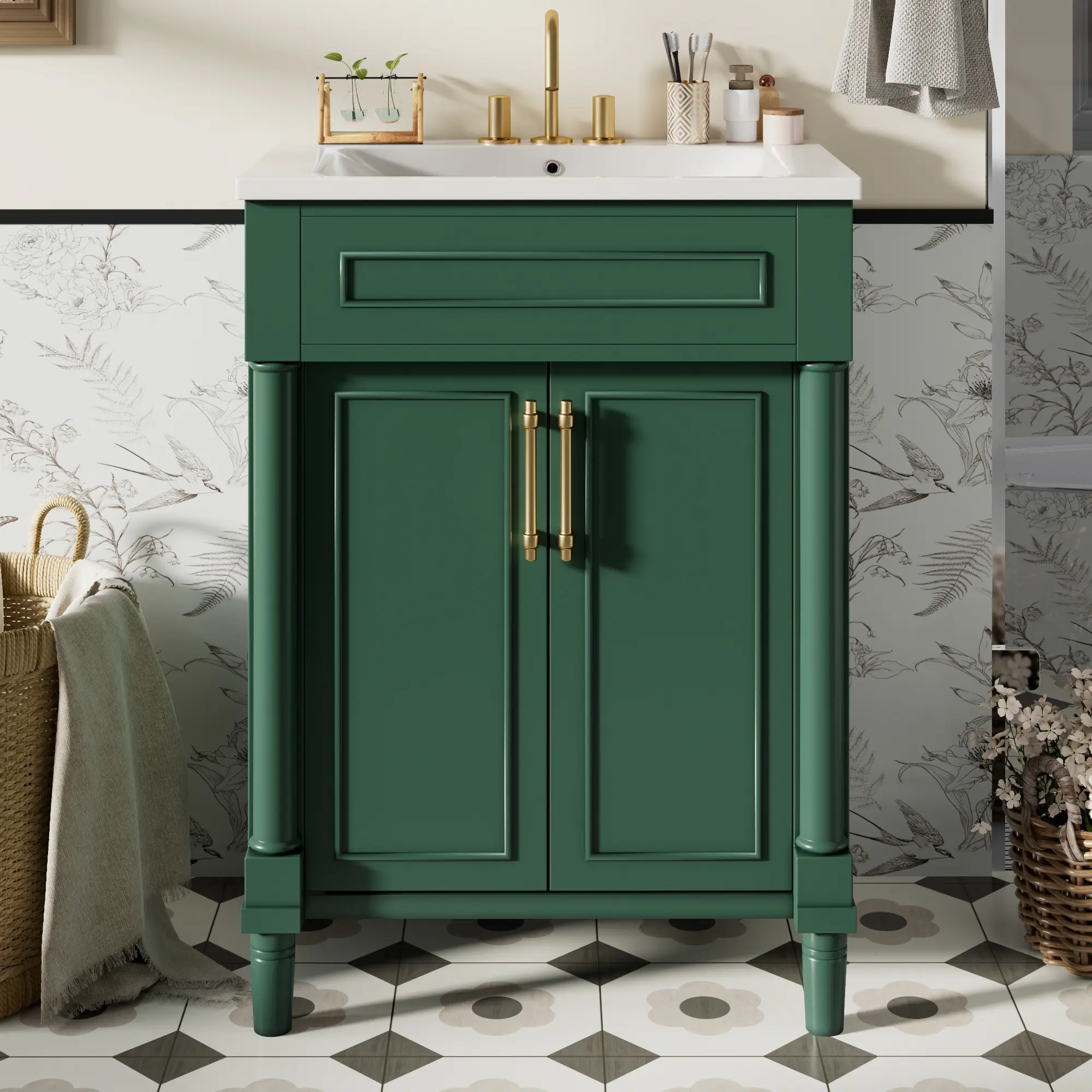 24-Inch Modern White Freestanding Floor Bathroom Vanity - Single Sink Configuration, Integrated Seamless Ceramic Sink, 2-Door Storage Cabinet, Easy-to-Clean Surface, for Small-Medium Restroom Remodel & Vanity Area Furniture