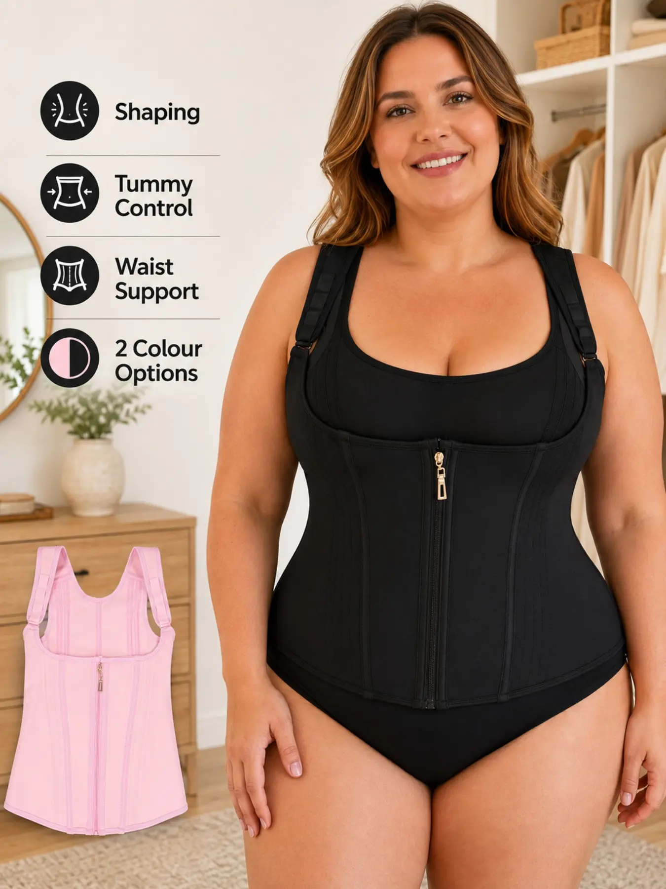 2-Piece Women's Shapewear Set, Waist Cinch Belt Adjustable Shoulder Straps, Plain Surface, All Seasons, Sexy Style, Unlined