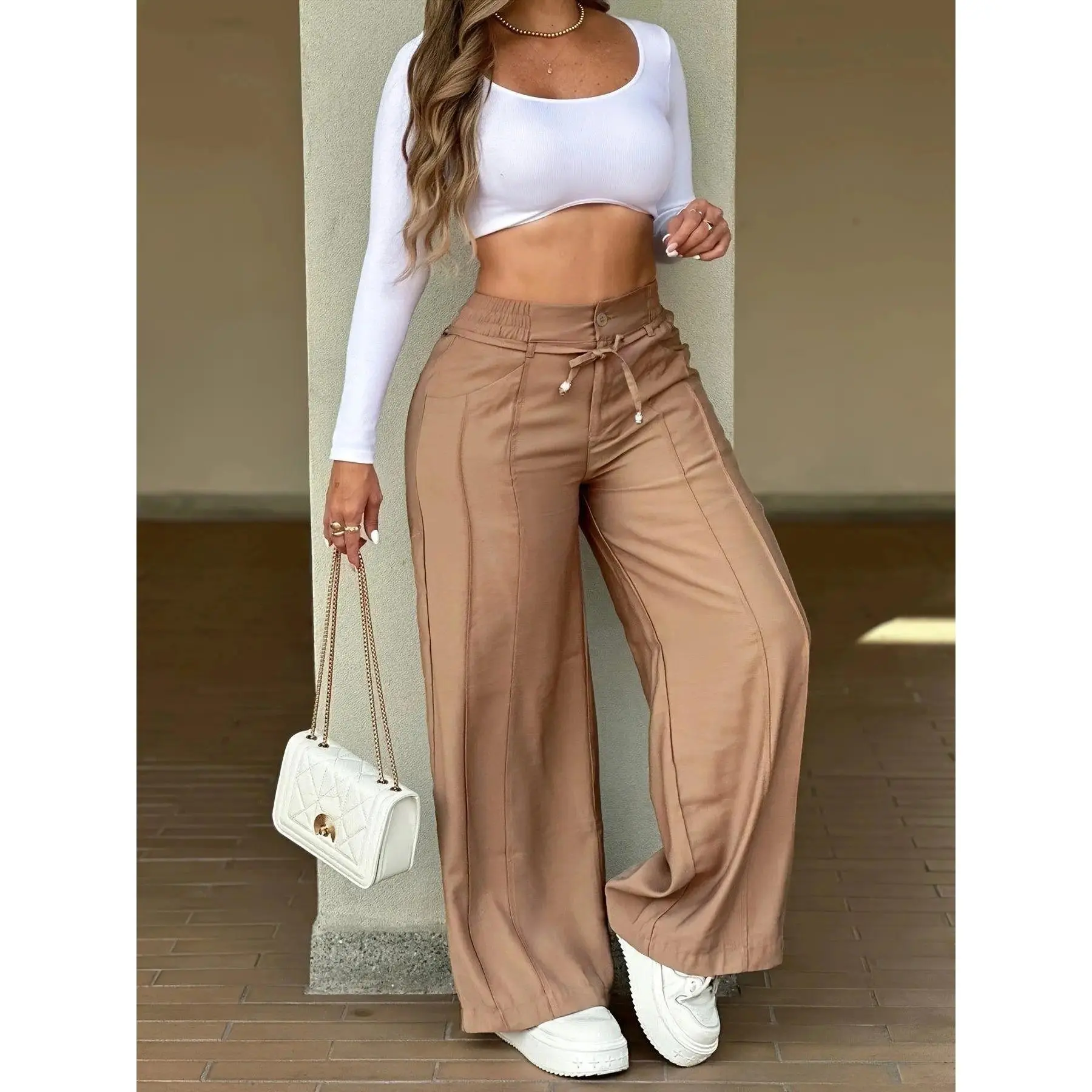 Women’s High Waisted Wide Leg Pants, Elastic Waist Trousers with Front Seam Detail, Elegant Office and Date Night Wear