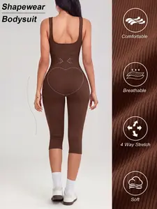 Women's Yoga Capri Jumpsuit Square Neck Backless Tummy Control Butt Lifting, Workout Shorts Romper Seamless Ribbed Sleeveless Unitard for Gym Sports