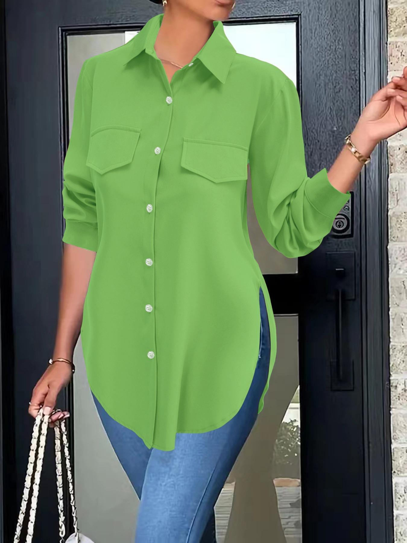 Women's Plain Button Front Split Hem Shirt Blouse, Casual Long Sleeve Collared Top for Spring & Fall, Summer Outfits 2024, Women's Clothing for Daily Wear