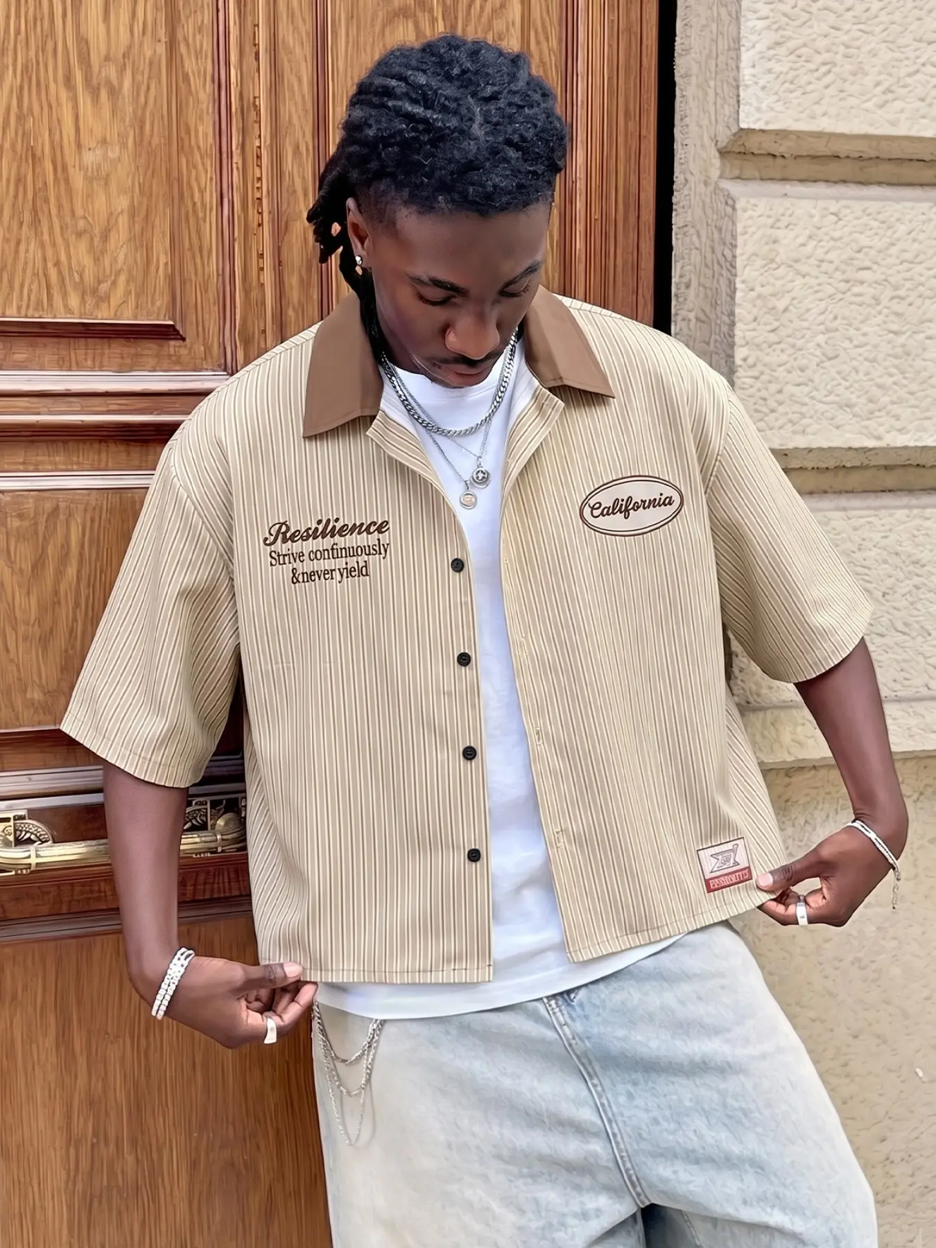 Men's retro, Vintage striped letter printed short sleeved shirt, street casual, Streetwear button down shirt with California logo and inspirational text, loose fit retro style, street and daily wear Top