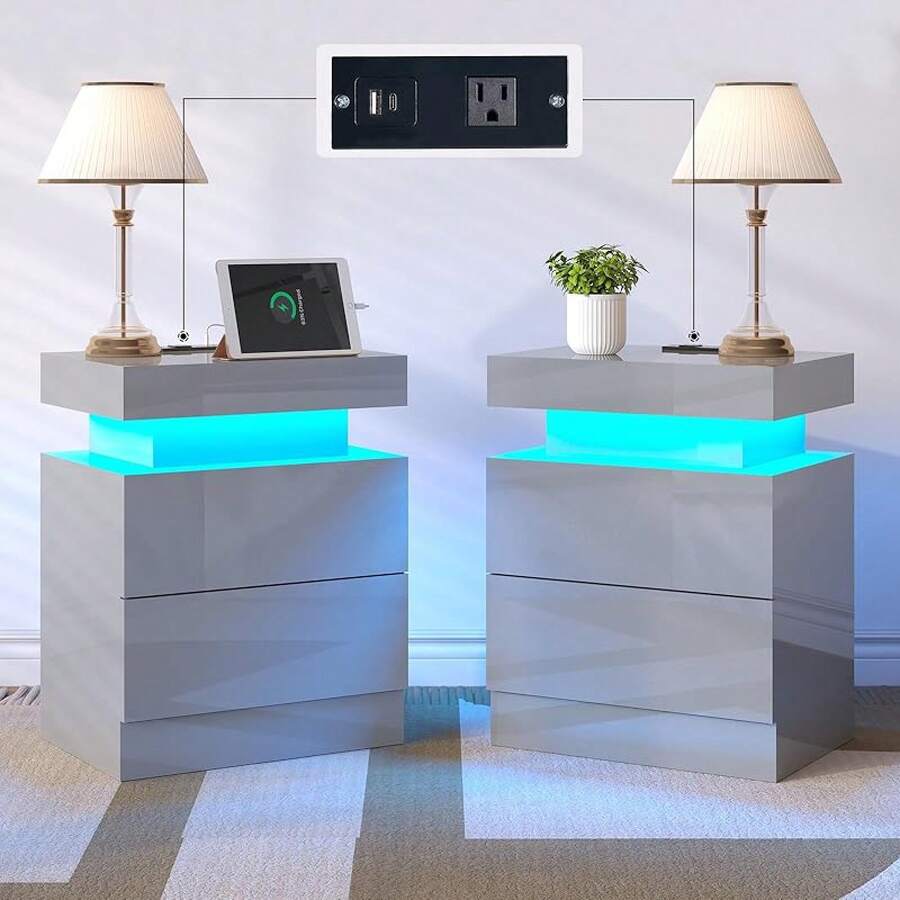 Modern Nightstand Set of 2, LED Lights & Charging Station, 2 Drawers & Open Storage Shelf, Stylish End Tables for Bedroom Home