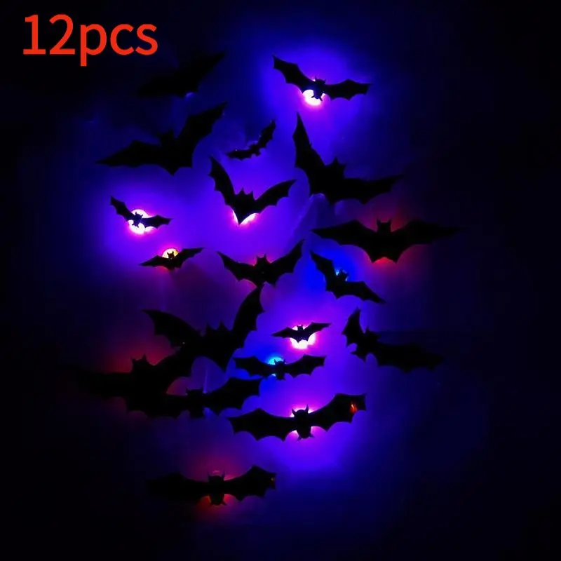 12Pcs/Set 3D Bat  Decoration 7 Color Changing RGB Luminous Wall Stickers Gothic Spooky Glow Bats for Halloween 2026 Bedroom Gaming Room Aesthetic Kids Gift TikTok Viral Haunted House Home Decor Multicolor Bat Wall Art